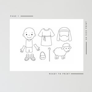 May include: Black and white line art of a shepherd and his sheep, with clothing and accessories. The image includes a shepherd boy, tunic, beard, sandals, purse, staff, and a sheep. Text on the image reads "PAGE 1", "A4 SIZE PRINT", and "READY TO PRINT".