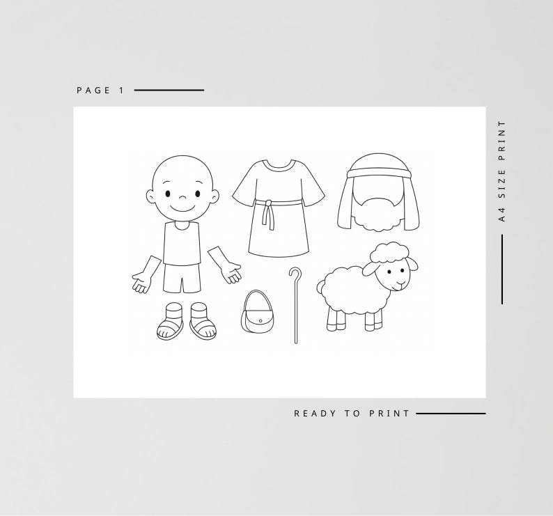 May include: Black and white line art of a shepherd and his sheep, with clothing and accessories. The image includes a shepherd boy, tunic, beard, sandals, purse, staff, and a sheep. Text on the image reads "PAGE 1", "A4 SIZE PRINT", and "READY TO PRINT".