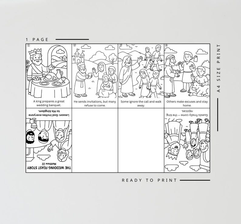 May include: Black and white line art illustration of a Bible story, "The Wedding Feast Story." The image is divided into panels with text and drawings of people, a king, and a banquet. The text reads "Ready to Print."