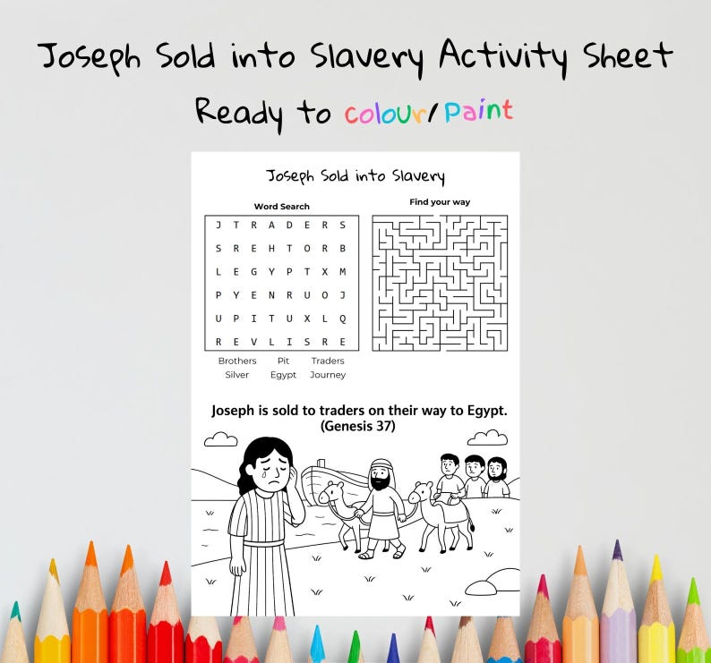 Joseph Sold into Slavery Bible Activity Sheet: listing photo