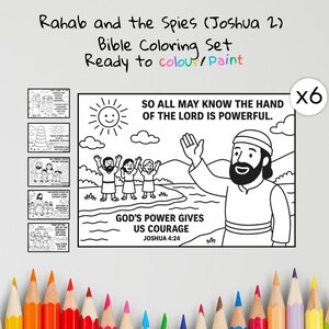 May include: A Bible coloring set featuring the story of Rahab and the Spies (Joshua 2). The set includes multiple coloring pages with illustrations and text, ready to color or paint. The text reads "So all may know the hand of the Lord is powerful."