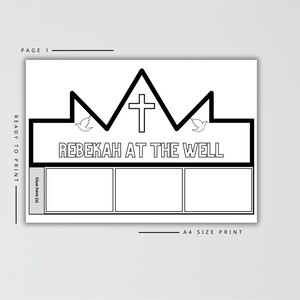 Puede incluir: P&aacute;gina para colorear imprimible en blanco y negro con el texto "REBEKAH AT THE WELL". El dise&ntilde;o incluye una corona, una cruz, palomas y tres cuadros en blanco para ilustraciones. La p&aacute;gina est&aacute; etiquetada como "P&Aacute;GINA 1" y "READY TO PRINT". Es una impresi&oacute;n tama&ntilde;o A4.