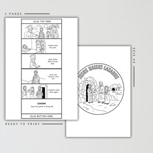 Puede incluir: Imprimible en blanco y negro de dos p&aacute;ginas con ilustraciones de Jes&uacute;s resucitando a L&aacute;zaro. La primera p&aacute;gina tiene un dise&ntilde;o de c&oacute;mic con texto. La segunda p&aacute;gina tiene una ilustraci&oacute;n circular con el texto "JESUS RAISES LAZARUS".