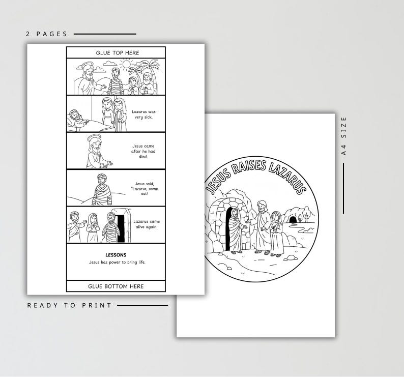 Puede incluir: Imprimible en blanco y negro de dos p&aacute;ginas con ilustraciones de Jes&uacute;s resucitando a L&aacute;zaro. La primera p&aacute;gina tiene un dise&ntilde;o de c&oacute;mic con texto. La segunda p&aacute;gina tiene una ilustraci&oacute;n circular con el texto "JESUS RAISES LAZARUS".