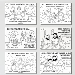 Peut inclure: Six illustrations en noir et blanc repr&eacute;sentant des sc&egrave;nes de la Bible, chacune avec du texte de Luc. Les images montrent J&eacute;sus avec ses disciples, avec des textes tels que "Ils parl&egrave;rent de ce qui s'&eacute;tait pass&eacute;" et "J&eacute;sus s'approcha et fit route avec eux."