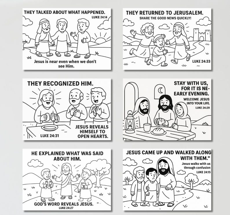 Peut inclure: Six illustrations en noir et blanc repr&eacute;sentant des sc&egrave;nes de la Bible, chacune avec du texte de Luc. Les images montrent J&eacute;sus avec ses disciples, avec des textes tels que "Ils parl&egrave;rent de ce qui s'&eacute;tait pass&eacute;" et "J&eacute;sus s'approcha et fit route avec eux."