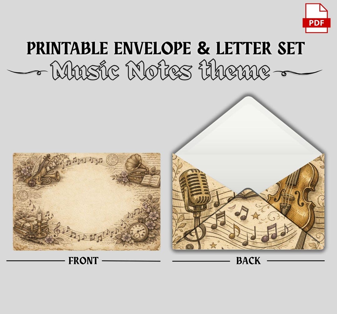 Music Envelope Pattern Vintage Music Printable Envelope & Letter Set, Sheet Music Paper ...