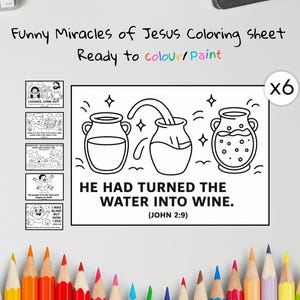 Może przedstawiać: Czarno-biała kolorowanka z tekstem "Funny Miracles of Jesus Coloring Sheet" i "Ready to colour/Paint". Arkusz zawiera ilustracje biblijnych cudów, w tym przemianę wody w wino.
