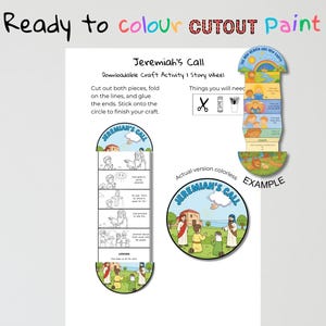 May include: A downloadable craft activity titled "Jeremiah's Call" with instructions to cut, fold, and glue. The image includes a story wheel example, a circular illustration, and the text "Ready to colour CUTOUT Paint."