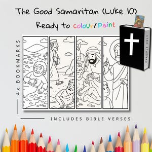 Pu&ograve; includere: Quattro segnalibri in bianco e nero con illustrazioni della storia biblica del Buon Samaritano. Il testo "The Good Samaritan (Luke 10)" e "Ready to colour/paint" sono in alto. Un libro nero con una croce bianca &egrave; a destra.