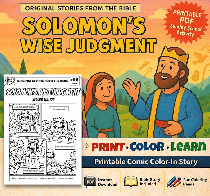 Solomon’s Wise Judgment Bible Comic Colouring Page: listing photo