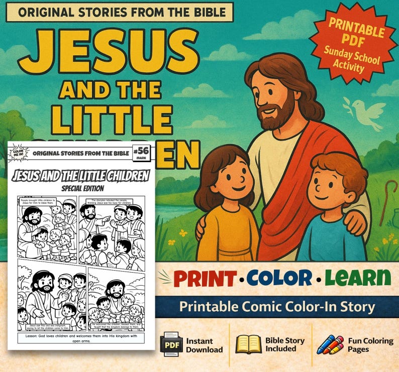 Jesus Welcomes Children Bible Comic Colouring Page: listing photo