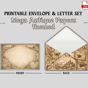 May include: Printable envelope and letter set with a Mega Antique Papers theme. The front of the letter features a vintage paper design. The back of the envelope has a detailed illustration with a castle, butterfly, and botanical elements.