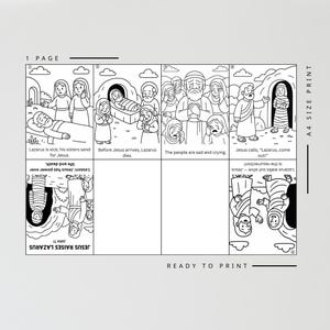 May include: Black and white illustrated story of Jesus raising Lazarus, with text including "Jesus raises Lazarus" and "Ready to print." The image is divided into panels depicting scenes from the biblical story, suitable for educational purposes.
