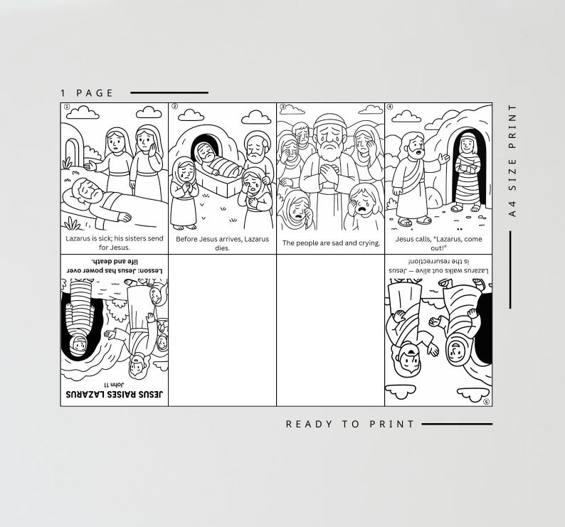 May include: Black and white illustrated story of Jesus raising Lazarus, with text including "Jesus raises Lazarus" and "Ready to print." The image is divided into panels depicting scenes from the biblical story, suitable for educational purposes.