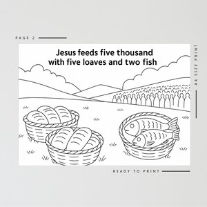 May include: Black and white line art illustration of a biblical scene. The text reads "Jesus feeds five thousand with five loaves and two fish." Baskets of bread and fish are in the foreground, with a crowd and mountains in the background.