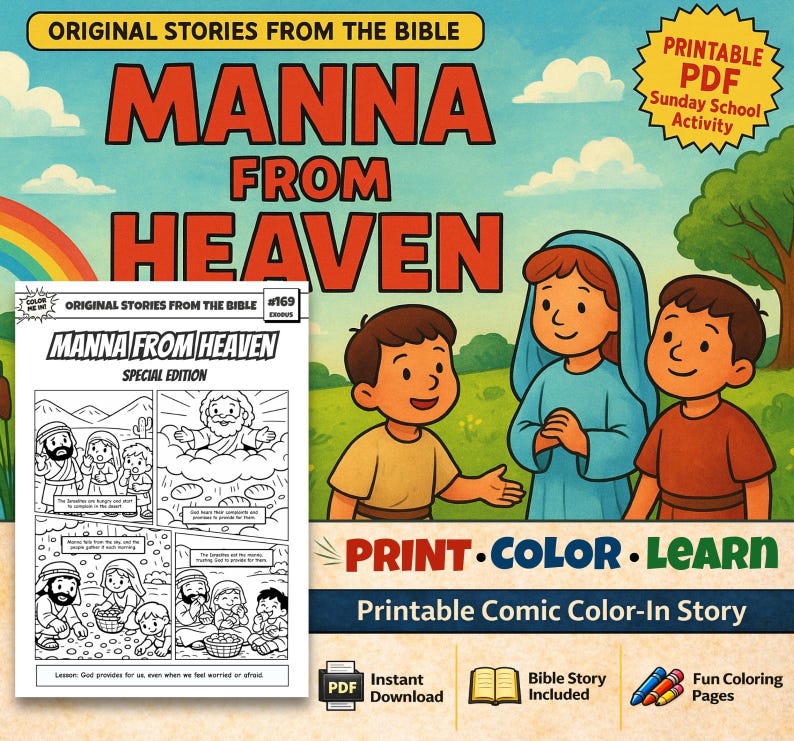 Manna from Heaven Bible Comic Colouring Page: listing photo