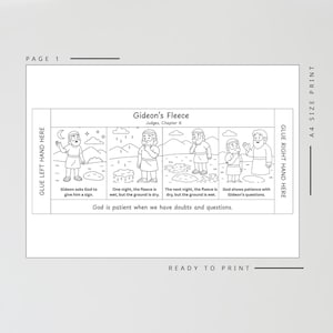 May include: Black and white illustrated printable page titled "Gideon's Fleece" from Judges, Chapter 6. The page features a series of panels depicting a biblical story, with text including "Gideon asks God to give him a sign" and "God is patient when we have doubts and questions."