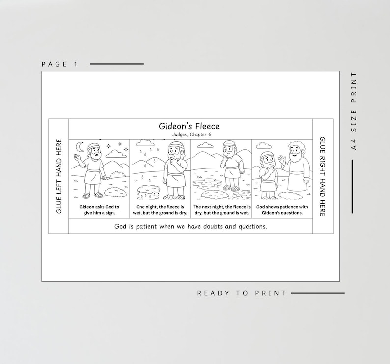 May include: Black and white illustrated printable page titled "Gideon's Fleece" from Judges, Chapter 6. The page features a series of panels depicting a biblical story, with text including "Gideon asks God to give him a sign" and "God is patient when we have doubts and questions."