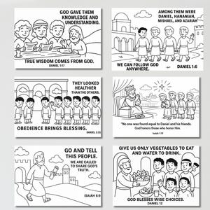 Może przedstawiać: Sześć czarno-białych ilustracji z tekstem z Biblii. Obrazy przedstawiają sceny z ludźmi, w tym teksty takie jak "Prawdziwa mądrość pochodzi od Boga" i "B&oacute;g błogosławi mądre wybory."