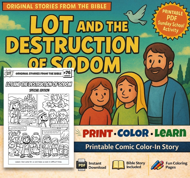 Lot and the Destruction of Sodom Bible Comic Colouring Page for Kids: listing photo