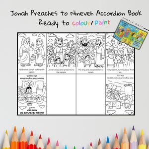 May include: Black and white illustrated accordion book titled "Jonah Preaches to Nineveh." The book is ready to color or paint and features scenes from the biblical story. Includes text such as "God forgives them and spares the city."