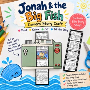 以下が含まれることがあります： Jonah & the Big Fish Camera Story Craftというタイトルのペーパークラフトキット。緑色のカメラのテンプレートと、ヨナの物語のイラストが描かれた縦型のフィルムストリップが含まれており、白黒とカラーのパネルで構成されています。
