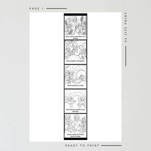 Pu&ograve; includere: Pagina stampabile in bianco e nero con sei pannelli illustrati che raffigurano una storia religiosa. Il testo include "Ges&ugrave; venne a Gerusalemme su un asino", "Ges&ugrave; preg&ograve; nel giardino" e "Il sepolcro era vuoto il terzo giorno."