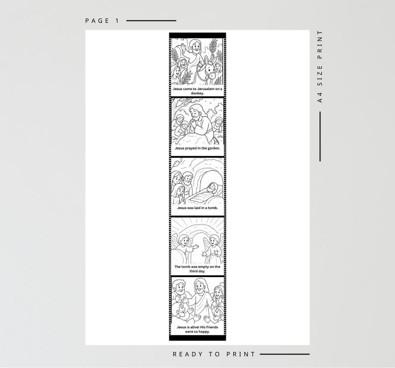 Pu&ograve; includere: Pagina stampabile in bianco e nero con sei pannelli illustrati che raffigurano una storia religiosa. Il testo include "Ges&ugrave; venne a Gerusalemme su un asino", "Ges&ugrave; preg&ograve; nel giardino" e "Il sepolcro era vuoto il terzo giorno."