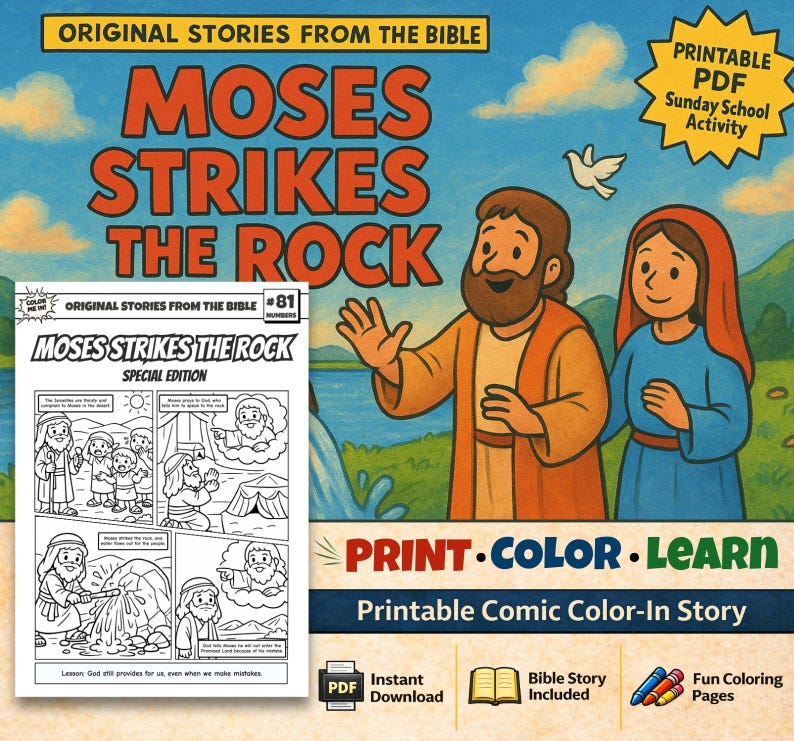 Moses Strikes the Rock Bible Comic Colouring Page: listing photo