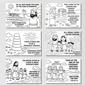 May include: Six black and white illustrated cards with Bible verses and imagery. The cards depict scenes with people, water, and text such as "God's power gives us courage" and "All Israel cross on dry ground."
