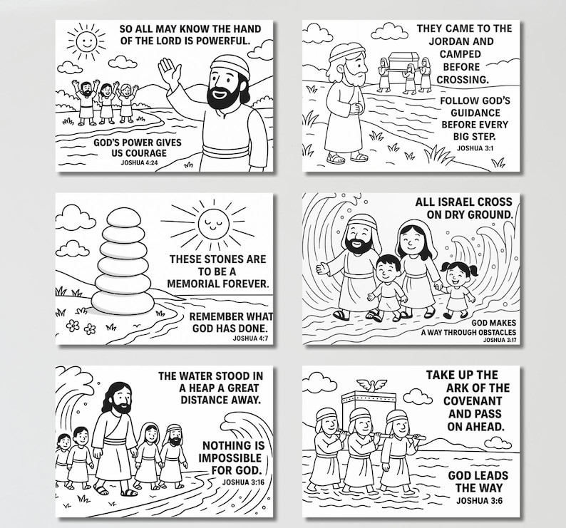 May include: Six black and white illustrated cards with Bible verses and imagery. The cards depict scenes with people, water, and text such as "God's power gives us courage" and "All Israel cross on dry ground."