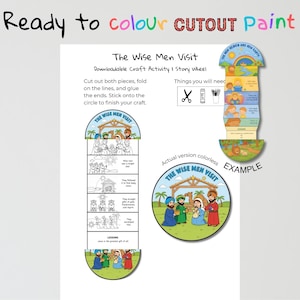 May include: A downloadable craft activity titled "The Wise Men Visit." The image shows instructions for a story wheel, including cutting, folding, and gluing. The example shows a colourful finished wheel with illustrations.