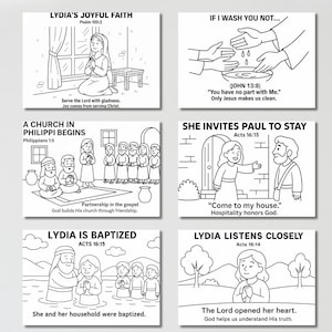 May include: Black and white line art illustrations depicting Bible stories. The images show scenes like Lydia's faith, a church's beginning, baptism, and Jesus washing hands. Each image includes text from the Bible.