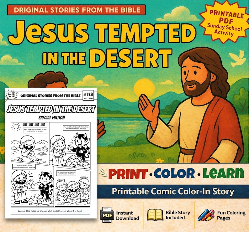 Jesus Tempted in the Desert Bible Comic Colouring Page for Kids: listing photo