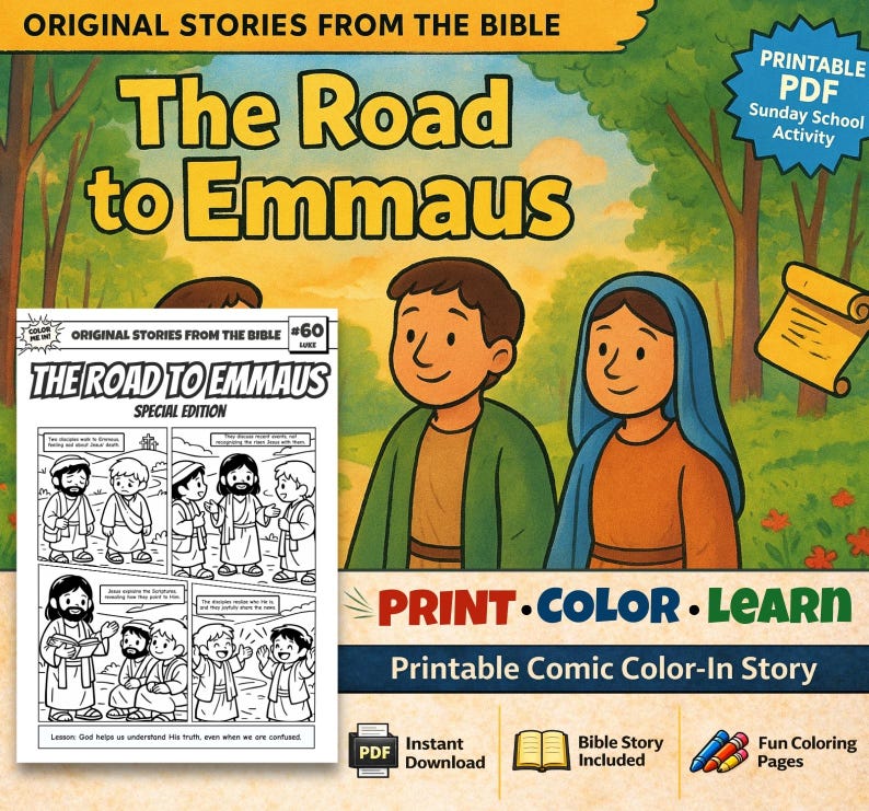 The Road to Emmaus Bible Comic Colouring Page: listing photo