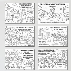 May include: A set of six black and white coloring pages featuring biblical scenes from the story of Joshua. Each page includes line art illustrations of figures, city walls, and trumpets, accompanied by printed text and scripture references.