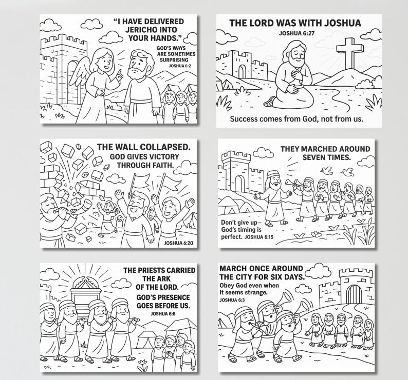 May include: A set of six black and white coloring pages featuring biblical scenes from the story of Joshua. Each page includes line art illustrations of figures, city walls, and trumpets, accompanied by printed text and scripture references.