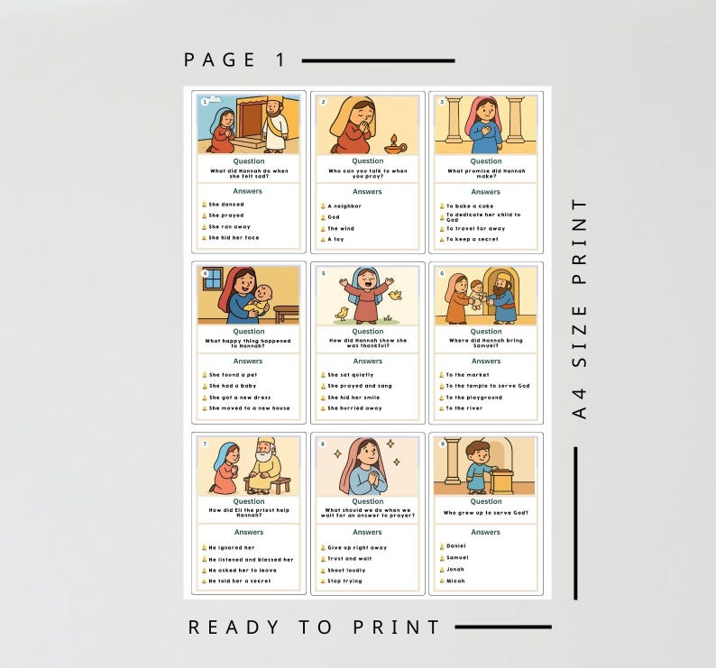 Juego de cartas bíblicas para niños "La oración de Ana" / Actividad de 1 Samuel 1 para niños / Imprimible cristiano / Juego de aprendizaje bíblico imagen 2