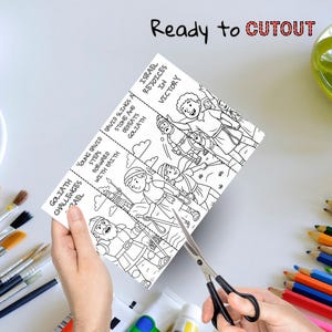 May include: A black and white coloring page with the text "Ready to CUTOUT" and illustrations depicting the story of David and Goliath. The page is being cut with scissors. Colored pencils and paintbrushes are in the background.