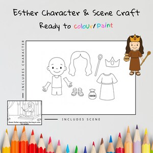 May include: A craft kit featuring an Esther character and scene, ready to color or paint. The kit includes a character with various clothing and accessories, and a scene of Queen Esther approaching the king. The text on the image says "Esther Character & Scene Craft Ready to colour/Paint".