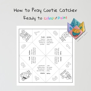 May include: A printable "How to Pray Cootie Catcher" game, ready to color or paint. The design features a fortune teller with prompts for truth and action, along with illustrations and the text "Sample Only."