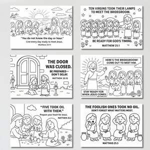 K&ouml;nnte beinhalten: Sechs Schwarz-Wei&szlig;-Illustrationen mit Text aus Matth&auml;us 25. Darstellungen umfassen Jesus, Jungfrauen, Lampen und T&uuml;ren. Bildunterschriften enthalten "Ihr wisst weder den Tag noch die Stunde" und "Seid bereit f&uuml;r Gottes Zeit."