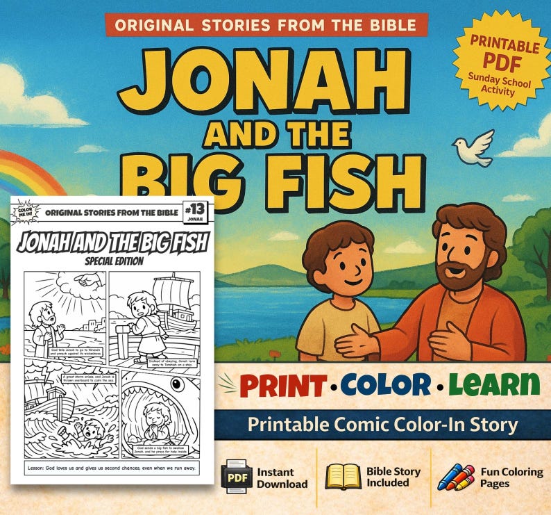 Jonah and the Big Fish Bible Comic Colouring Page: listing photo