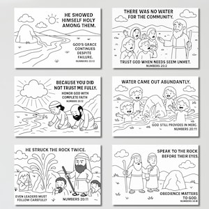 May include: Six black and white illustrated cards with biblical scenes and text. The cards depict various stories with text such as "He showed himself holy among them" and "There was no water for the community."