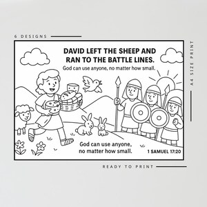 May include: Black and white line art print with the text "DAVID LEFT THE SHEEP AND RAN TO THE BATTLE LINES." A boy carries bread toward soldiers. Includes text "God can use anyone, no matter how small."