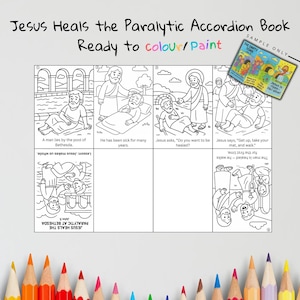 May include: Black and white accordion book titled "Jesus Heals the Paralytic." The book is ready to color or paint and features illustrations of biblical scenes. Includes the text "Ready to colour/Paint."