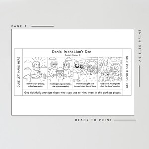 Op de afbeelding: Zwart-wit printbare pagina met illustraties van het verhaal van "Dani&euml;l in de leeuwenkuil". De pagina bevat een stripverhaal met vier panelen die sc&egrave;nes uit het bijbelse verhaal uitbeelden. Tekst bevat "Dani&euml;l, hoofdstuk 6" en "Klaar om te printen".