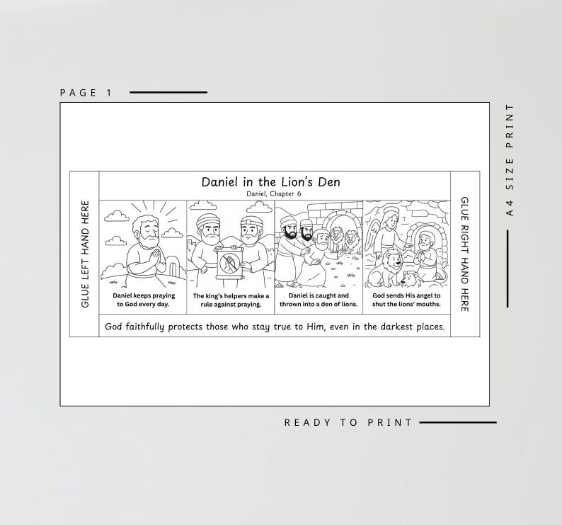 Op de afbeelding: Zwart-wit printbare pagina met illustraties van het verhaal van "Dani&euml;l in de leeuwenkuil". De pagina bevat een stripverhaal met vier panelen die sc&egrave;nes uit het bijbelse verhaal uitbeelden. Tekst bevat "Dani&euml;l, hoofdstuk 6" en "Klaar om te printen".