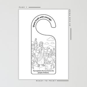 May include: Black and white door hanger with a biblical illustration. The text "Share truth with courage" is at the top. The image depicts Paul explaining the true God to the people of Athens. The words "Ready to print" are at the bottom.